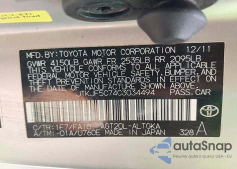 2012 Scion Tc from USA, damaged, VIN JTKJF5C74C3034494